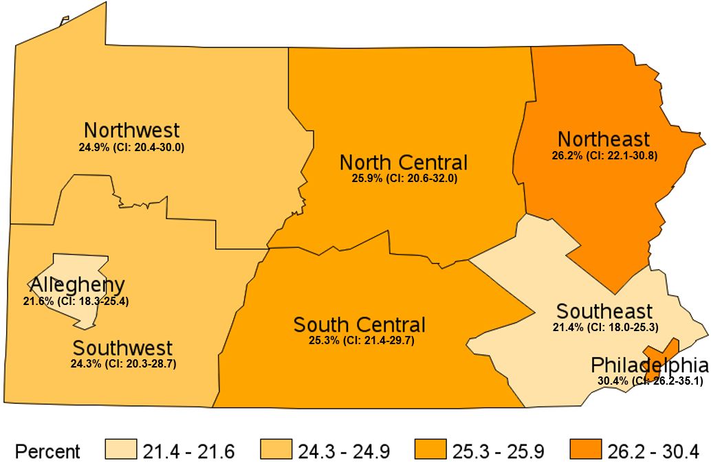 Participated in No Physical Activity in the Past Month, Pennsylvania Health Districts, 2020